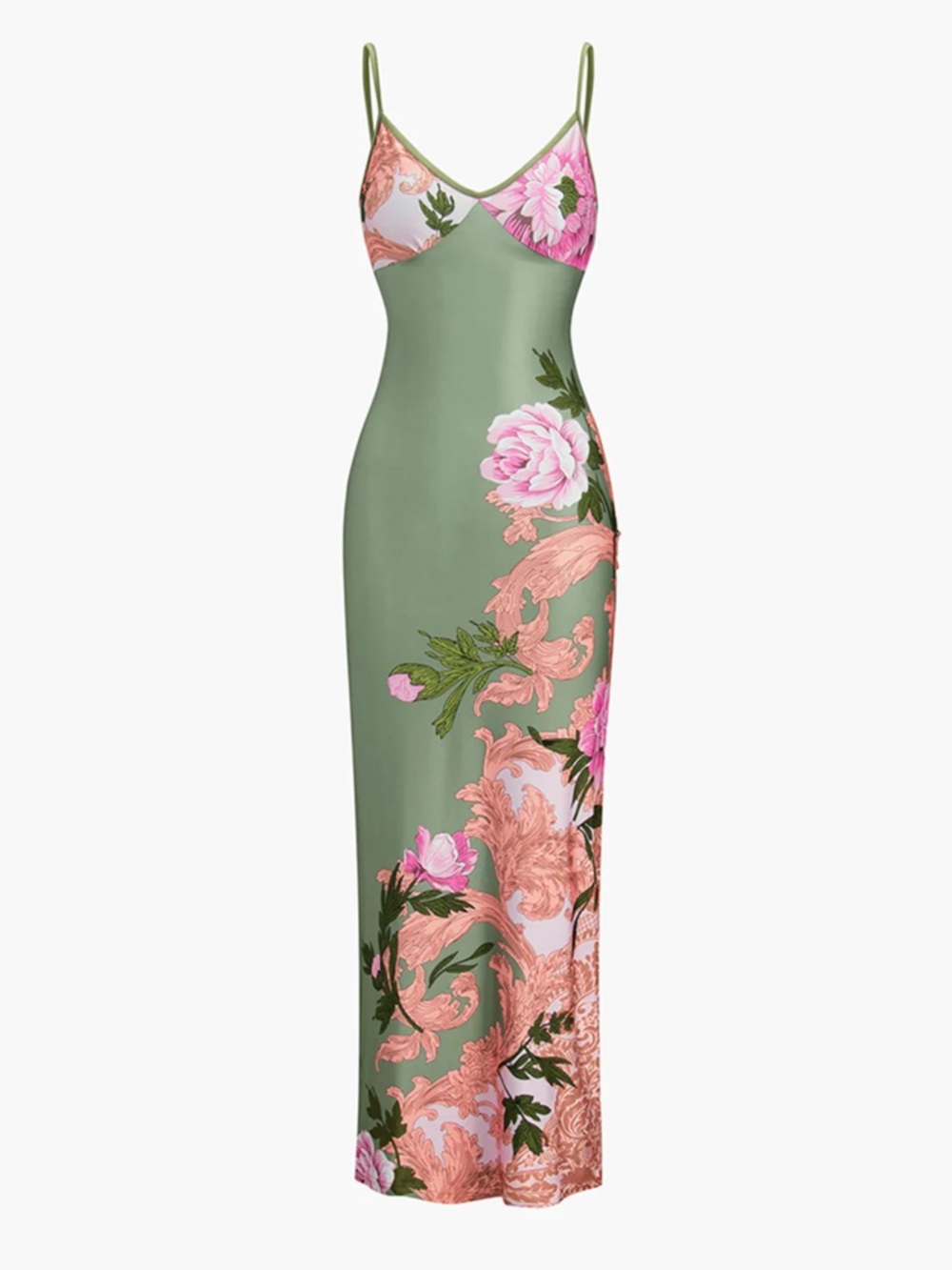 Commense Olive Green Slip Maxi Dress with Pink Floral Accents